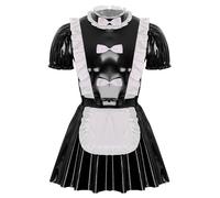 Yeahdor Men French Maid Costume Shiny Latex Short Sleeve Halloween Cosplay Dress Sissy Nightwear Black 4XL