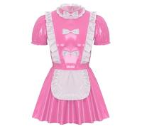 Yeahdor Men French Maid Costume Shiny Latex Short Sleeve Halloween Cosplay Dress Sissy Nightwear Pink 4XL