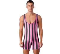 Yeahdor Mens One-Piece Stripe Wrestling Singlet Sleeveless Leotard Bodysuits Rompers Hot Pink XL