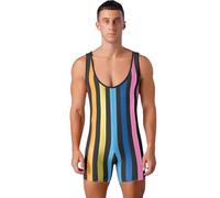 Yeahdor Mens One-Piece Stripe Wrestling Singlet Sleeveless Leotard Bodysuits Rompers Rainbow L