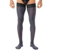 Yeahdor Mens Sissy Oil Glossy Hold Up Stockings Sheer Solid Color Thigh High Stockings Black OneSize