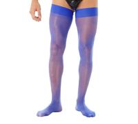 Yeahdor Mens Sissy Oil Glossy Hold Up Stockings Sheer Solid Color Thigh High Stockings Royal Blue OneSize