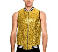 Yeahdor Shiny Sequin Jacket For Men's Zipper 70s Disco Sparkly Baseball Bomber Jackets Sleeveless Waistcoat Gold XL