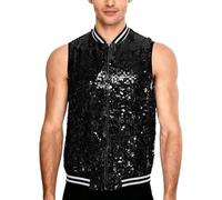 Yeahdor Shiny Sequin Jacket For Men's Zipper 70s Disco Sparkly Baseball Bomber Jackets Sleeveless Waistcoat Black XL