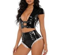 Yeahdor Women Booty Shorts Set Latex Outfits Hollow Out Vinyl Stretchy Shiny Metallic Patent Leather Bodycon Uniform Black S