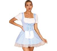 Yeahdor Womens Adult French Maid Costume Apron Uniform Gingham Fairytale Dress Halloween Cosplay Costume Blue XL