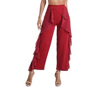 Yeahdor Women's Latin Dance Pants High Waist Wide-Leg Trousers Belly Dance Pants Modern Dance Practice Pants Burgundy XXL