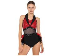 Yeahdor Women's Sequin Latin Jazz Dancing Costume Tuxedo Leotard Tango Ballroom Dance Bodysuit Red XL