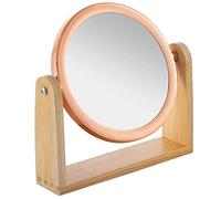 YEAKE Double Sided 10X Magnifying Makeup Mirror with Bamboo Stand,Small Desk Table Mirror with 360° Rotation,Standing Portable Cosmetic Mirror,Good for Shaving,Traveling(Rose Gold,Round)