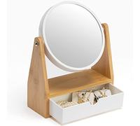 YEAKE Vanity Makeup Mirror With Natural Bamboo Stand, 1X/3X Double Sided Magnifying With Drawer, Portable Small Table Desk Countertop, Bathroom Shaving (Round)