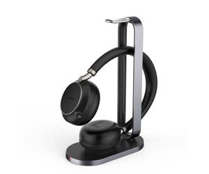 Yealink BH76 Teams Black USB-A + Charging Stand Microsoft Teams certified ANC wireless headphones compatible with Qi induction charging.