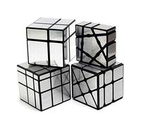 Yealvin Mirror Cube Set, Mirror Cube Bundle of 1×3×3 Floppy Cube 2×2 Speed Cube 3×3 Windmill Magic Cube and 3×3 Mirror Cube Smooth Brain Teasers Puzzles Collection 4 Pack Silver