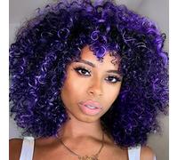 YEAME Curly Wigs for Black Women Afro Curly Wigs with Bangs Purple Mixed Blue Synthetic Hair Curly Wigs with 1 Wig Comb and 4 Wig Caps
