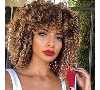 YEAME Curly Wigs for Black Women Curly Afro Wig Curly with Bangs 2 Tone Blonde Mixed Brown Heat Resistant Full Wig with 1 D Comb