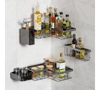 YEAPUPE Pro Set Bathroom Shelves 5 Pieces - No Drilling Shower Caddy with 2 Corner Shelves, Soap Dish, Toothbrush Holder and Basket - Self-Adhesive, Black