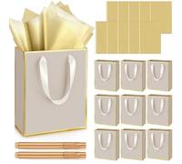 Yeaqee 10 Pack Metallic Paper Gift Bag with Handle Tissue Paper Thank You 5 Senses Gift Bag for Birthday Wedding Baby Shower Groomsmen Bridal Graduation Party Favor 9 x 7 x 3.15''(Champagne, Gold)