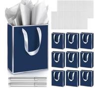 Yeaqee 10 Pack Metallic Paper Gift Bag with Handle Tissue Paper Thank You 5 Senses Gift Bag for Birthday Wedding Baby Shower Groomsmen Bridal Graduation Party Favor 9 x 7 x 3.15''(Navy Blue, Silver)