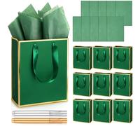 Yeaqee 10 Pack Metallic Paper Gift Bags with Handle Tissue Paper Thank You 5 Senses Gift Bag for Birthday Wedding Baby Shower Groomsmen Bridal Graduation Party Favor 9 x 7 x 3.15''(Green, Gold)