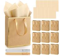 Yeaqee 10 Pack Metallic Paper Gift Bags with Handle Tissue Paper Thank You 5 Senses Gift Bag for Birthday Wedding Baby Shower Groomsmen Bridal Graduation Party Favor 9 x 7 x 3.15''(Kraft,Gold)