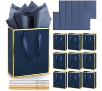 Yeaqee 10 Pack Metallic Paper Gift Bags with Handles Tissue Paper Thank You 5 Senses Gift Bag for Birthday Valentine Wedding Baby Shower Groomsmen Bridal Favor 9 x 7 x 3.15''(Navy Blue, Gold)