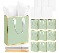 Yeaqee 10 Pack Metallic Paper Gift Bags with Handles Tissue Paper Thank You 5 Senses Gift Bags for Him Her Birthday Wedding Baby Shower Bridal Shower Groomsmen Favor 9 x 7 x 3. 15''(Sage Green,Gold)