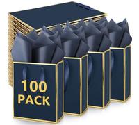 Yeaqee 100 Pack Metallic Gift Bags with Handle and Tissue Paper Navy Blue Gold Foil Welcome Bag for Wedding Guest Fall Party Christmas Bridesmaid Groomsmen Baby Shower Birthday 9x7x 3.15''