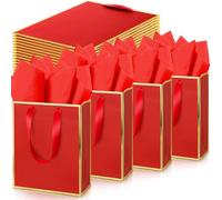 Yeaqee 100 Pack Metallic Gift Bags with Handle and Tissue Paper Red Gold Foil Welcome Bag for Wedding Guest Fall Party Christmas Bridesmaid Baby Shower Birthday 9x7x 3.15''