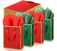 Yeaqee 100 Pack Metallic Gift Bags with Handle and Tissue Paper Red Green Gold Foil Welcome Bag for Wedding Guest Fall Party Christmas Bridesmaid Groomsmen Baby Shower Birthday 9x7x 3.15''