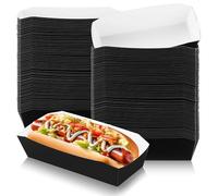 Yeaqee 100 Pcs 7'' Black Cardboard Modern Rectangular Hot Dog Trays Disposable Serving Trays for Carnivals, Parties, Dinner, Cookouts