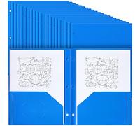 Yeaqee 100 Pcs Plastic Folders with Pockets Bulk 3 Hole Punched 2 Pocket File Folders for 3 Ring Binder Divider Folder for Notebooks, Durable Poly for Office Home (Blue)