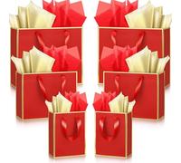 Yeaqee 12 Sets Metallic Paper Gift Bags with Handle Tissue Paper Include 8", 10", 13" Thank You 5 Senses Gift Bags for Him Her Birthday Wedding Bridal Baby Shower Groomsmen Favor(Red,Gold)