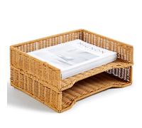 Yeaqee 2 Pcs Paper Tray Organizer for Desk Woven Letter File Organizer A4 File Tray Desk Paper Basket Letter Size Imitation Rattan Holder Organization Rack for Office Storage(Brown,Wheat Ear Pattern)
