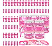 Yeaqee 200 Pcs Breast Cancer Awareness Accessories Include 100 Breast Cancer Awareness Bracelets 100 Pink Ribbon Pen Inspiring Wristbands Ballpoint Pens for Charity Recognition Public Event Fundraiser