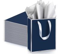 Yeaqee 24 Pack Metallic Paper Gift Bags with Handle and Tissue 9x7x3.1 Gold Foil Welcome Favor Bags Return Gifts for Wedding Fall 5 Senses Christmas Bridesmaid Birthday(Navy Blue, Silver)