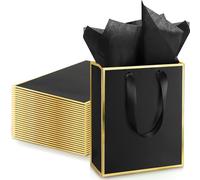 Yeaqee 24 Pack Metallic Paper Gift Bags with Handle and Tissue 9x7x3.1 Gold Foil Welcome Favor Bags Return Gifts for Wedding Fall 5 Senses Christmas Bridesmaid Birthday(Black and Gold)