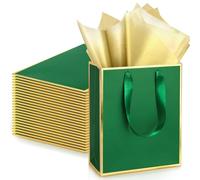 Yeaqee 24 Pack Metallic Paper Gift Bags with Handle and Tissue 9x7x3.1 Gold Foil Welcome Thank You Favor Bags Return Gifts for Wedding Mothers Graduation Bridesmaid Birthday(Green Gold)
