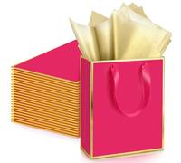 Yeaqee 24 Pack Metallic Paper Gift Bags with Handle and Tissue 9x7x3.1 Welcome Gift Thank You Bags for Wedding Father's Day Bridal Shower Groomsmen Birthday Party(Hot Pink and Gold)