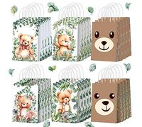 Yeaqee 24 Pcs Bear Party Favors Cute Bear Paper Gift Bags with Handles Baby Shower Greenery Leaves Candy Goodie Bags for Baby Shower Birthday Party Decoration Supplies, 6 Styles