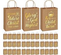 Yeaqee 36 Pcs Christmas Kraft Paper Bag Religious Gold Metallic Kraft Paper Gift Bags Christmas Religious Gift Bags with Handles for Christmas Gift Wrapping Holiday Party Supplies 6 1/2" x 3 1/4" x 9"