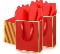 Yeaqee 50 Pack Metallic Gift Bags with Handle and Tissue Paper for Wedding Graduation Holiday Bridesmaid Thank You 5 Senses Gift Bag for Her Him Birthday 9 x 7 x 3.15''(Red and Gold)