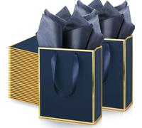 Yeaqee 50 Pack Metallic Gift Bags with Handle and Tissue Paper for Wedding Graduation Holiday Bridesmaid Thank You 5 Senses Gift Bag for Her Him Birthday 9 x 7 x 3.15''(Navy Blue and Gold)