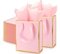 Yeaqee 50 Pack Metallic Gift Bags with Handle and Tissue Paper Gold Foil Thank You Bag for Thanksgiving Day Christmas Wedding 5 Senses Gifts Holiday Party Favors 9x7x3.15''(Pink Gold)