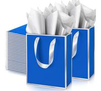 Yeaqee 50 Pack Metallic Gift Bags with Handle and Tissue Paper Gold Foil Thank You Bag for Valentine Wedding 5 Groomsmen Bridal 5 Senses Gifts Holiday Party Favors 9x7x3.15''(Royal Blue, Silver)