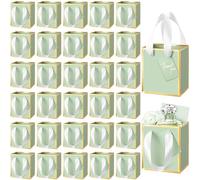 Yeaqee 50 Pcs Mini Metallic Paper Gift Bags with Handles 4x2.75x4.5'' Tiny Small Gift Bags with Thank You Tag for Wedding Favor Birthday Welcome Return Gifts(Sage Green, Gold)