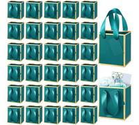 Yeaqee 50 Pcs Mini Metallic Paper Gift Bags with Handles 4x2.75x4.5'' Tiny Small Gift Bags with Thank You Tag for Wedding Favor Birthday Welcome Return Gifts(Turquoise, Gold)