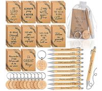 Yeaqee 80 Pcs Christian Gifts Retractable Bamboo Pen Bible Verse Inspirational Notebook Keychain Organza Bags for Women Men Gifts