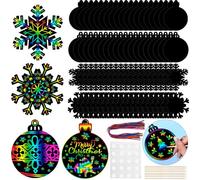 Yeaqee 80 Pcs Christmas Ornament Scratch Cards Christmas Scratch Paper Rainbow Art with Drawing Sticks and Ribbons DIY Xmas Magic Paper for Winter Xmas Home Party DIY Activities (Snowflake)
