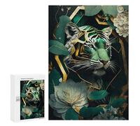 Year-End Present: Abstract Gold Green Tiger, 300 PCS, Wooden Brain Teaser for Adults, for Mindful Indoor Entertainment