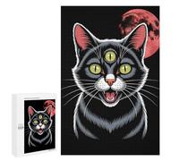 Year-End Present - Three-Eyed Cat with Red Moon, Wooden Picture Puzzle for Grown-Ups, 1000 PCS - to Assemble, Frame And Display