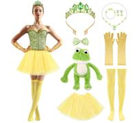 Yearntown 9 Pcs Halloween Princess & Green Frog Costume Set Tulle Skirt Gems Leaf Tiara Necklace Earrings Gloves Stockings Adult Women